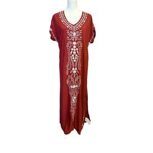 Boho embroidered brown and white v neck kimono one size